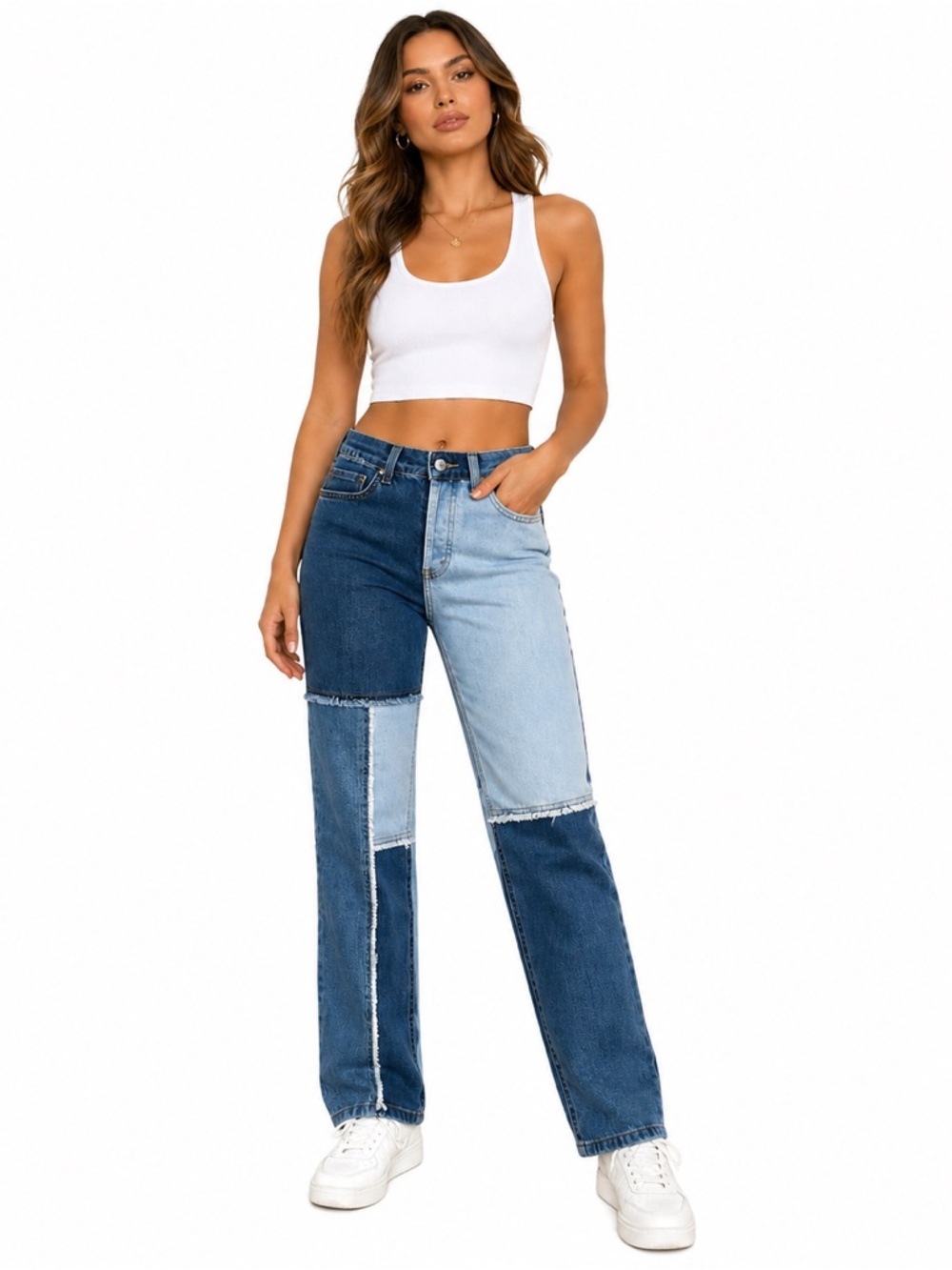 Vintage-Inspired Patchwork Denim Jeans High Rise Straight Leg Colorblock Trend